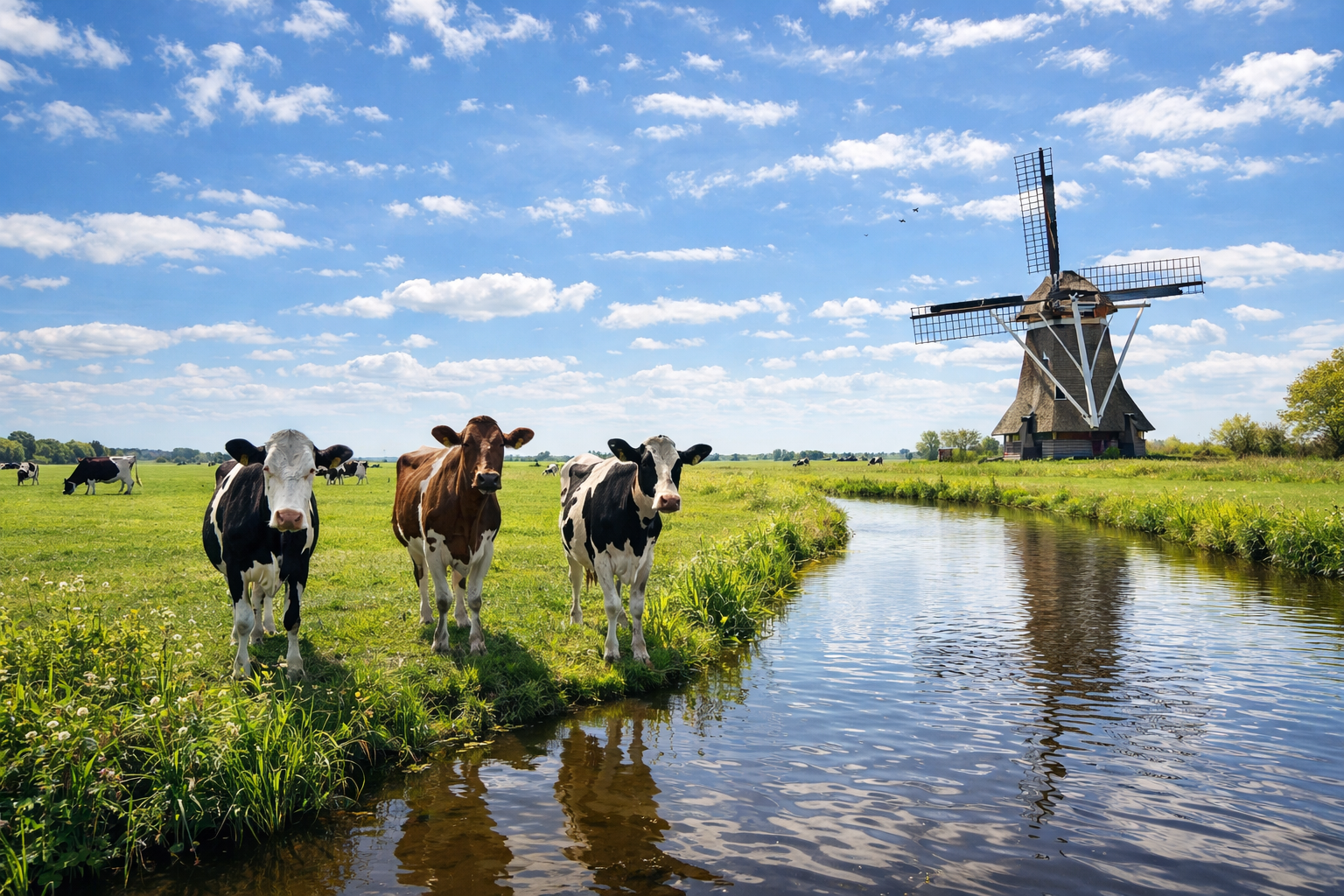Headerafbeelding van Heerlijk in Holland met een landschap van Nederlandse polders, molens en tulpenvelden onder een blauwe lucht.