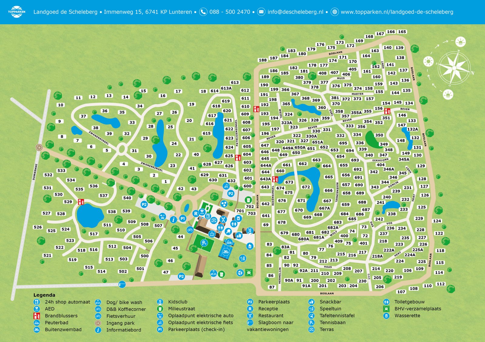 Plattegrond van het park met wandelpaden, waterpartijen en accommodaties, inclusief Boshoeve 8 personen Wellness in Limburg en Zuid-Holland.