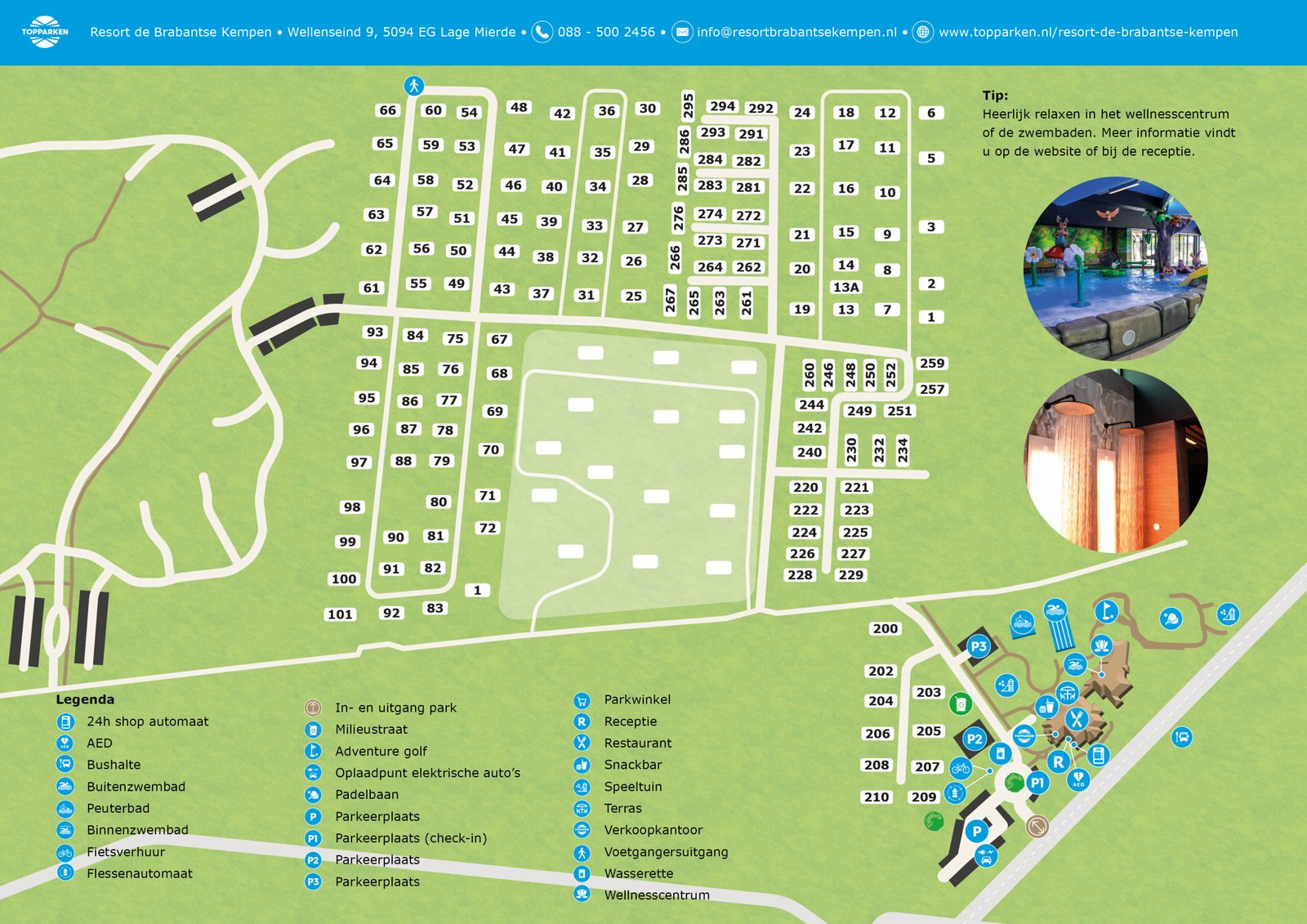 Afbeelding bij Bosvlucht 6 personen Wellness (Hottub) in Limburg en Noord-Brabant Plattegrond van recreatiepark met huisjes, voorzieningen en groen, getiteld 'Parkplattegrond 2026'.