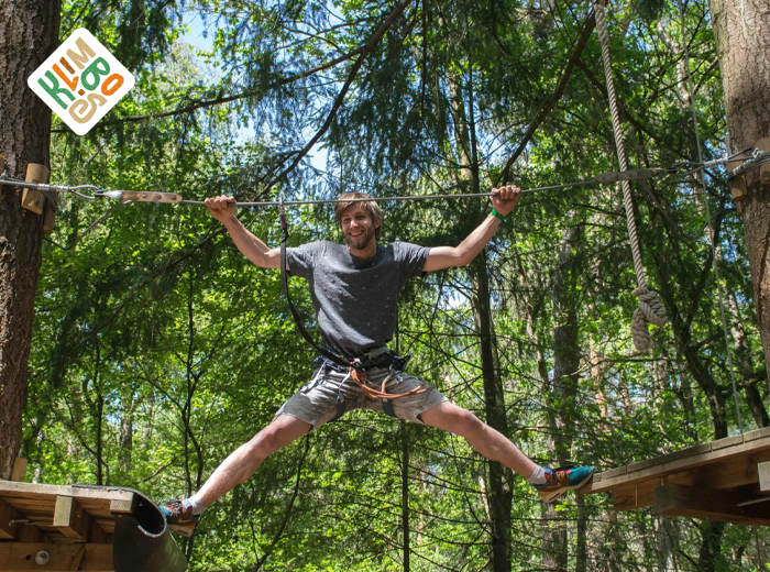 Afbeelding bij Entreeticket Klimbos Ruurlo Avonturiers klimmen tussen de bomen in Klimbos Ruurlo, een actief dagje uit in de Achterhoek.