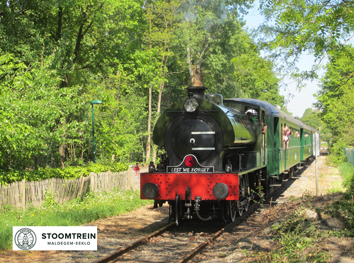 Historische stoomtrein met zwarte locomotief en bruine rijtuigen op een station, klaar voor vertrek.