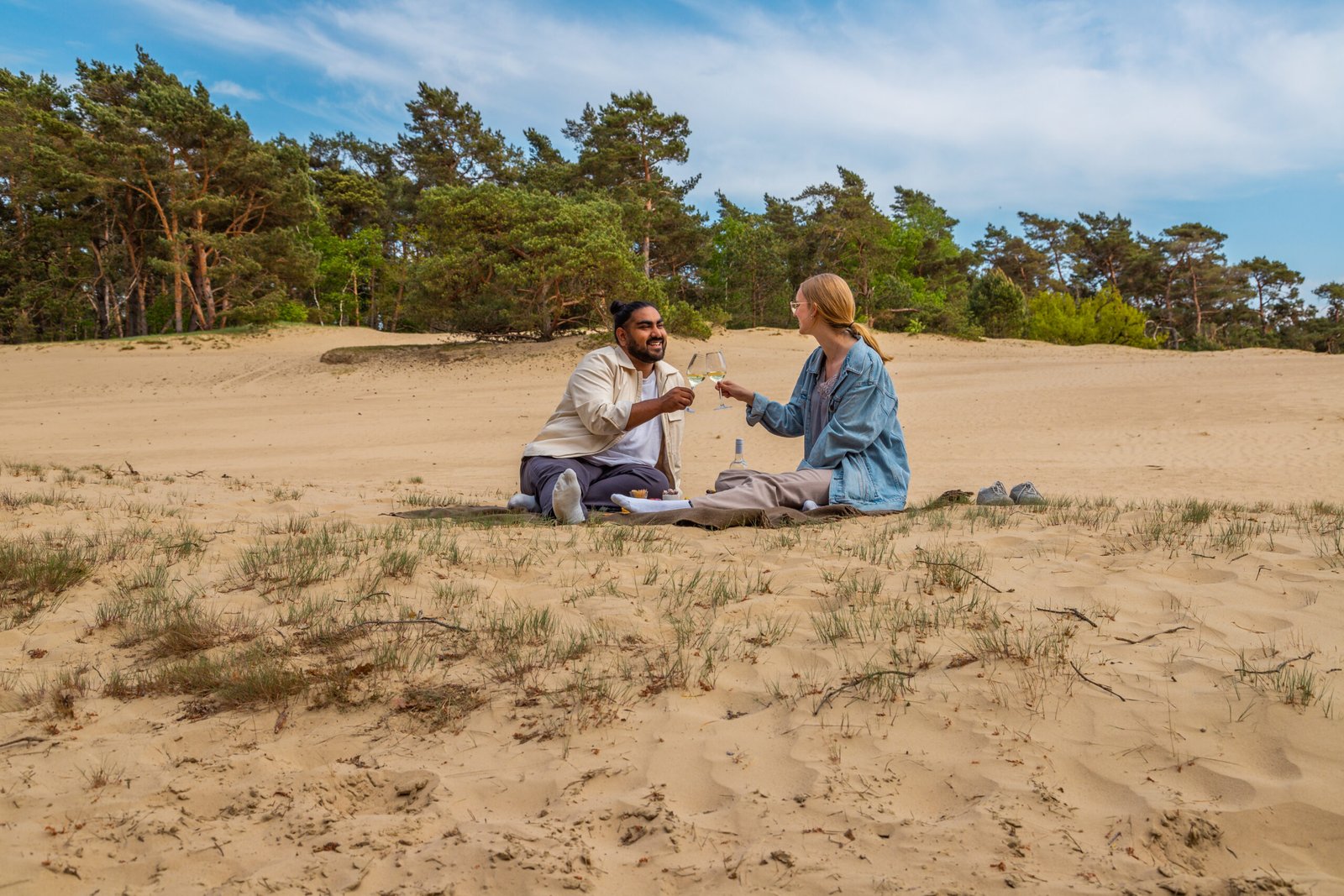 Lachend stel proost met glazen wijn bij een zandverstuiving op de Veluwe, omringd door bos en heide.