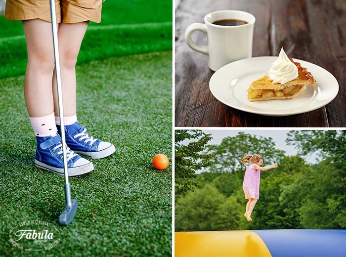 Afbeelding bij Midgetgolf arrangement bij Fabula Midgetgolfbaan bij Fabula in Schijndel met 18 holes, omgeven door groen en speeltoestellen.