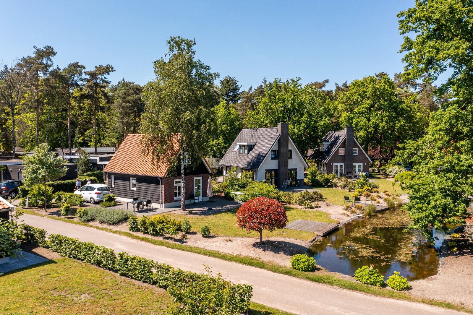Afbeelding bij EuroParcs De Achterhoek Buitenkant van een luxe vakantiepark met moderne bungalows te midden van groen in de Achterhoek.