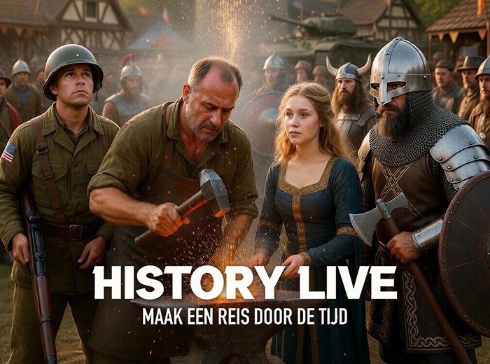 Afbeelding bij Entreeticket Family Event – History Live bij Bevrijdende Vleugels Gezinnen verkennen een levendig historisch tafereel met soldaten en ambachtslieden tijdens History Live bij Bevrijdende Vleugels.