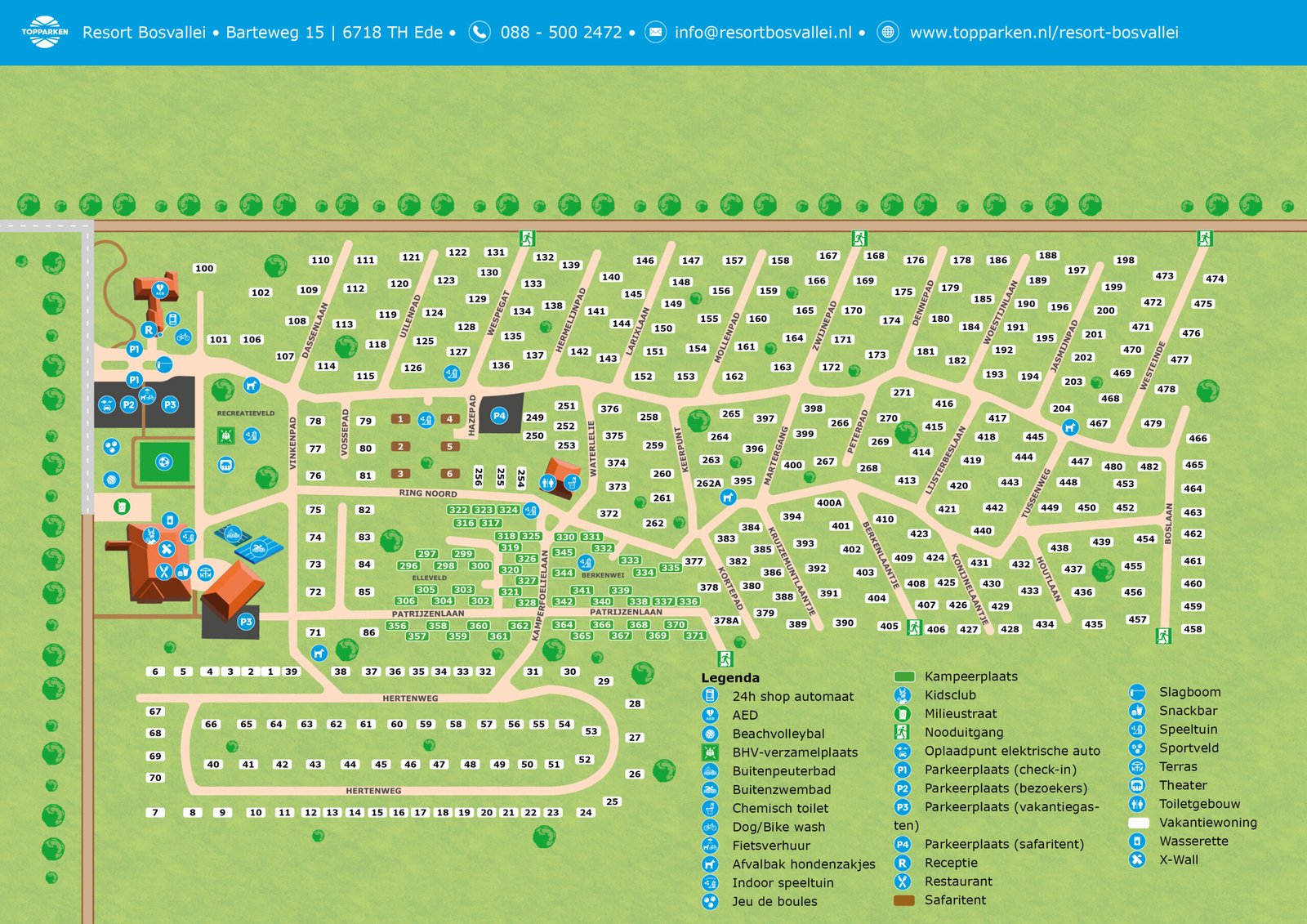 Plattegrond van Resort Bosvallei met de ligging van de vakantiehuizen, voorzieningen en groene omgeving.